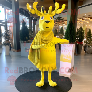Lemon Yellow Elk mascot costume character dressed with a Sheath Dress and Scarves