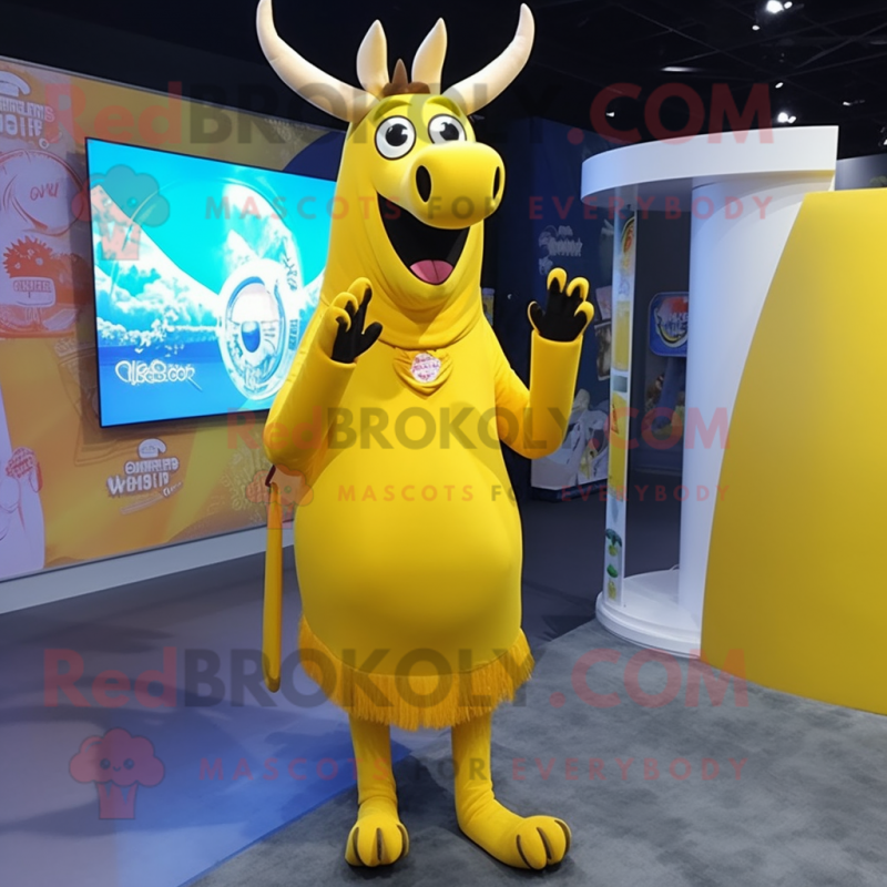 Lemon Yellow Elk mascot costume character dressed with a Sheath Dress and Scarves Lemon Yellow Elk mascot costume character dressed with a Sheath Dress and Scarves