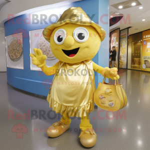 Gold But mascot costume character dressed with a Culottes and Handbags