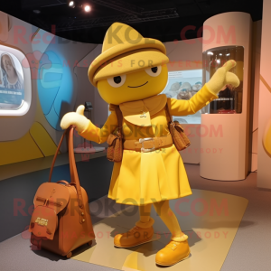 Gold But mascot costume character dressed with a Culottes and Handbags