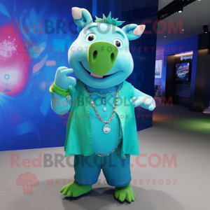 Turquoise Sow mascot costume character dressed with a Flare Jeans and Necklaces