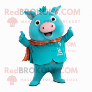 Turquoise Sow mascot costume character dressed with a Flare Jeans and Necklaces