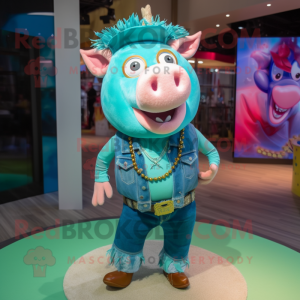 Turquoise Sow mascot costume character dressed with a Flare Jeans and Necklaces