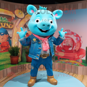 Turquoise Sow mascot costume character dressed with a Flare Jeans and Necklaces