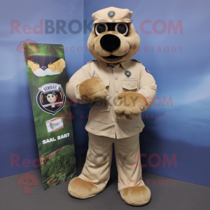 Tan Navy Seal mascot costume character dressed with a Dress Shirt and Wallets