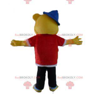 Mascote do urso amarelo vestido com roupa de rapper hip-hop -