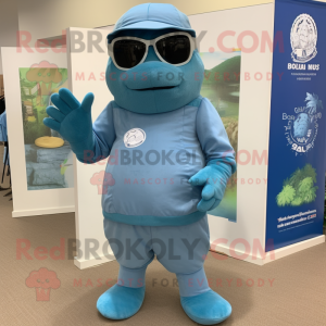 Cyan Navy Seal mascot costume character dressed with a Bermuda Shorts and Headbands