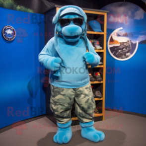 Cyan Navy Seal mascot costume character dressed with a Bermuda Shorts and Headbands