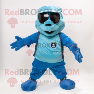 Cyan Navy Seal mascot costume character dressed with a Bermuda Shorts and Headbands