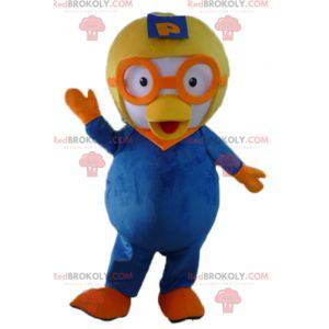 Mascote pássaro azul e branco com capacete de aviador -