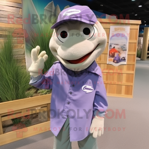 Lavender Barracuda mascot costume character dressed with a Button-Up Shirt and Caps