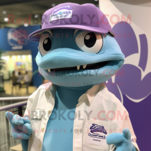 Lavender Barracuda mascot costume character dressed with a Button-Up Shirt and Caps