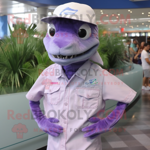 Lavender Barracuda mascot costume character dressed with a Button-Up Shirt and Caps