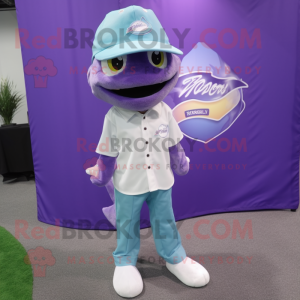 Lavender Barracuda mascot costume character dressed with a Button-Up Shirt and Caps