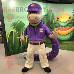 Purple Anaconda mascot costume character dressed with a Cargo Shorts and Pocket squares