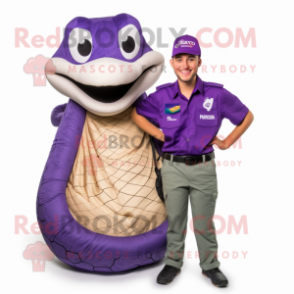 Purple Anaconda mascot costume character dressed with a Cargo Shorts and Pocket squares