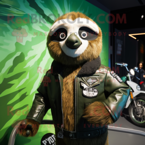 Green Sloth mascot costume character dressed with a Biker Jacket and Lapel pins