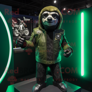 Green Sloth mascot costume character dressed with a Biker Jacket and Lapel pins