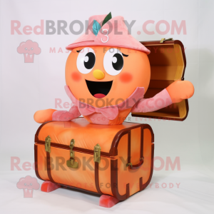 Peach Treasure Chest mascot costume character dressed with a Mini Dress and Messenger bags