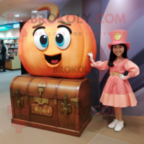 Peach Treasure Chest mascot costume character dressed with a Mini Dress and Messenger bags