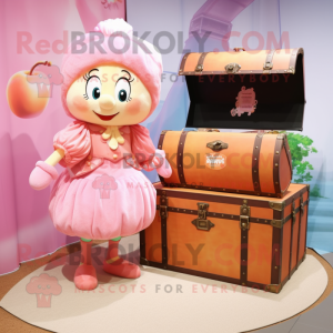 Peach Treasure Chest mascot costume character dressed with a Mini Dress and Messenger bags