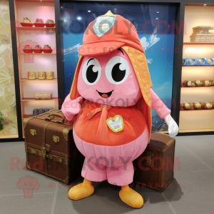 Peach Treasure Chest mascot costume character dressed with a Mini Dress and Messenger bags