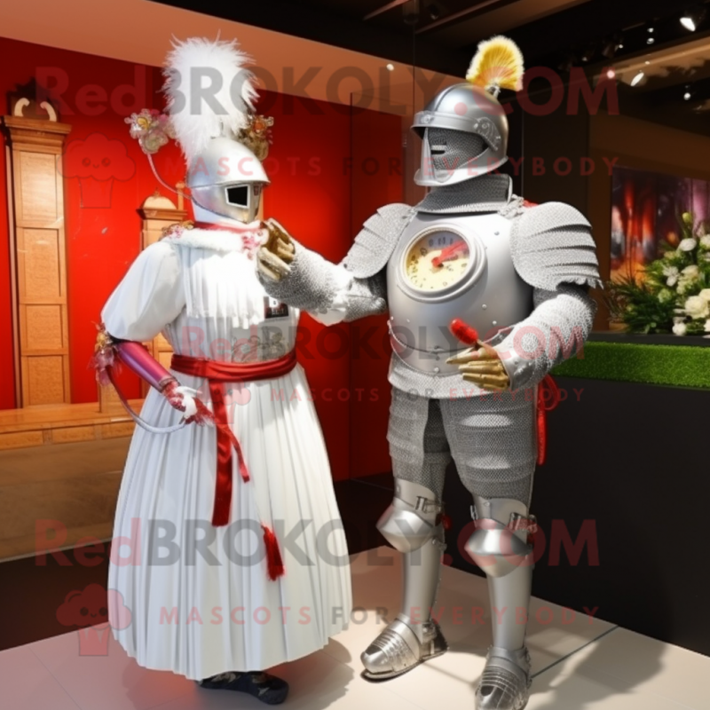 Silver Swiss Guard mascot costume character dressed with a Wedding Dress and Digital watches