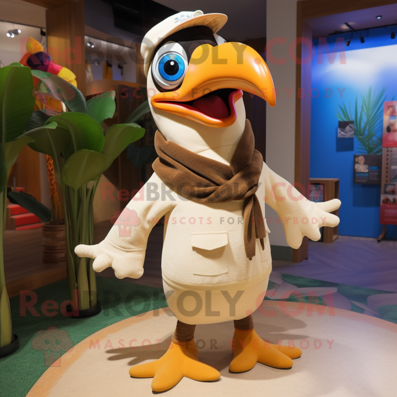 Beige Toucan mascot costume character dressed with a Raincoat and Headbands