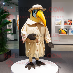 Beige Toucan mascot costume character dressed with a Raincoat and Headbands