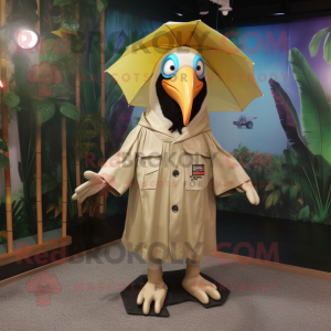 Beige Toucan mascot costume character dressed with a Raincoat and Headbands