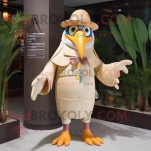 Beige Toucan mascot costume character dressed with a Raincoat and Headbands