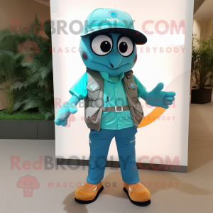 Turquoise Momentum mascot costume character dressed with a Cargo Shorts and Lapel pins