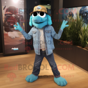 Turquoise Momentum mascot costume character dressed with a Cargo Shorts and Lapel pins