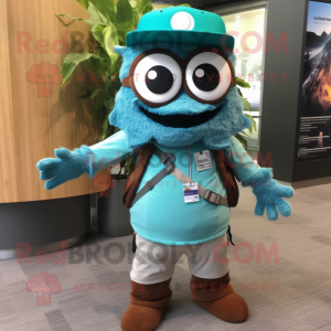 Turquoise Momentum mascot costume character dressed with a Cargo Shorts and Lapel pins