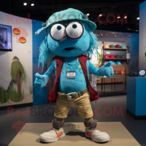 Turquoise Momentum mascot costume character dressed with a Cargo Shorts and Lapel pins