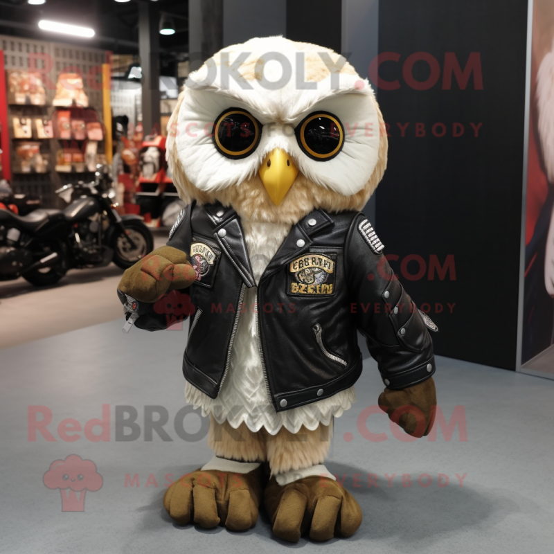 Cream Owl mascot costume character dressed with a Biker Jacket and Backpacks Cream Owl mascot costume character dressed with a Biker Jacket and Backpacks
