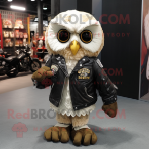 Cream Owl mascot costume character dressed with a Biker Jacket and Backpacks