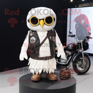 Cream Owl mascot costume character dressed with a Biker Jacket and Backpacks