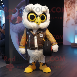 Cream Owl mascot costume character dressed with a Biker Jacket and Backpacks