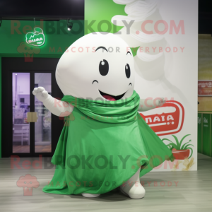 Green Beluga Whale mascot costume character dressed with a Maxi Skirt and Wraps