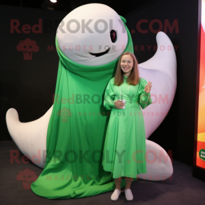 Green Beluga Whale mascot costume character dressed with a Maxi Skirt and Wraps