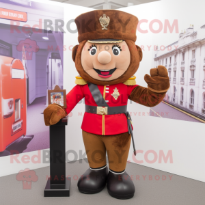 Brown British Royal Guard mascot costume character dressed with a Leggings and Clutch bags