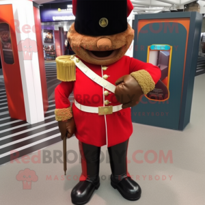 Brown British Royal Guard mascot costume character dressed with a Leggings and Clutch bags