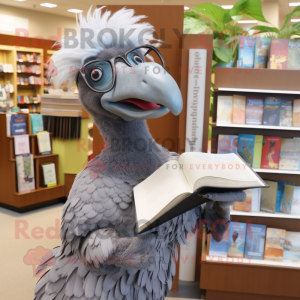 Gray Dodo Bird mascot costume character dressed with a Dress Pants and Reading glasses