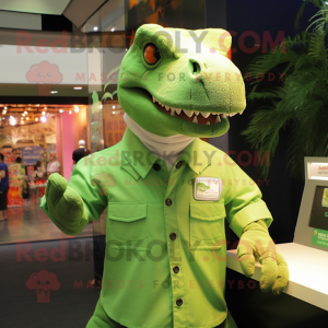 Green Tyrannosaurus mascot costume character dressed with a Button-Up Shirt and Keychains