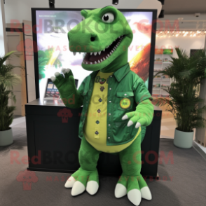 Green Tyrannosaurus mascot costume character dressed with a Button-Up Shirt and Keychains