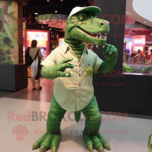 Green Tyrannosaurus mascot costume character dressed with a Button-Up Shirt and Keychains