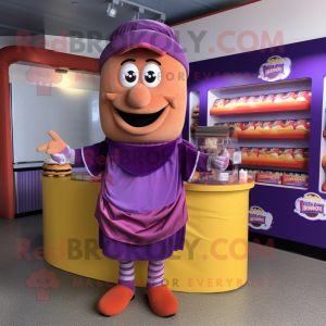 Purple Hot Dog mascot costume character dressed with a Wrap Skirt and Headbands