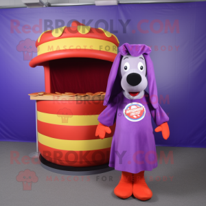 Purple Hot Dog mascot costume character dressed with a Wrap Skirt and Headbands