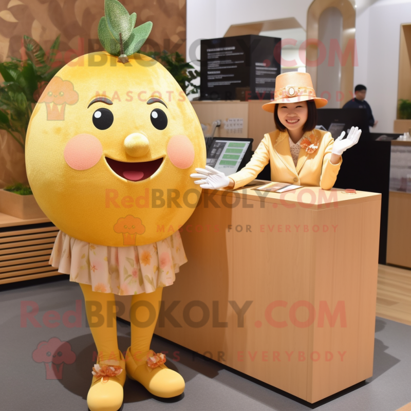 Gold Grapefruit mascot costume character dressed with a Blouse and Watches